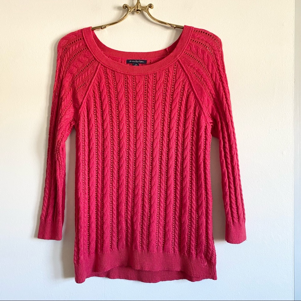 American Eagle Wool-Blend Red Cable Knit Sweater